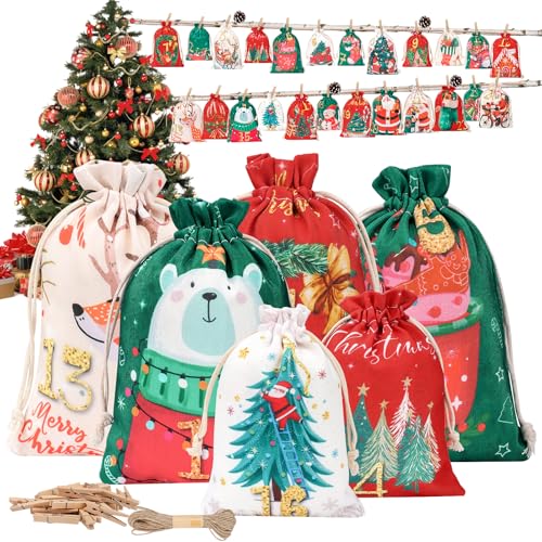 Calendario de Adviento Tela para Rellenar 2025, 2 Tamaños Vacio Adviento Rellenable, Reutilizable DIY Calendario Bolsas Bolsitas Saquitos para Niños Niña Mujer Hombre Adultos