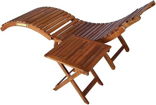Miniatura 4 de Tumbona con mesa, silla de descanso, silla de patio, muebles de piscina, plegable, adecuada para uso en interiores y exteriores, madera de acacia