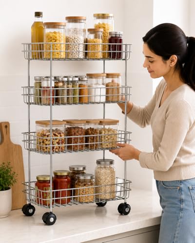Image of Stainless Steel Kitchen Storage Trolley, 4-Layer Folding Perforated Rack with Wheels, Fruit, Vegetable, Spice and Pantry Organizer, Space-Saving Cart, 30 kg Capacity