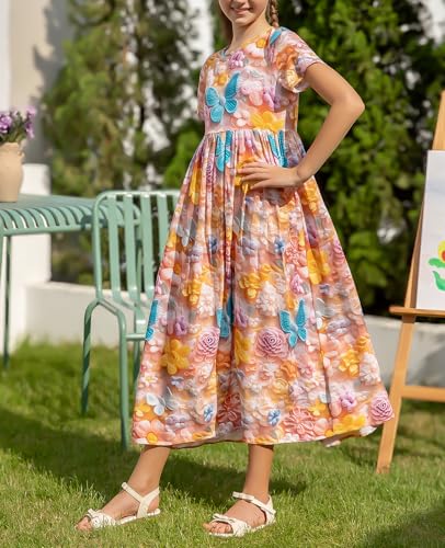 RONGTAI Girls 3D Dress for Girls Printed Short Sleeves Casual Summer Dresses with Pockets for 4-15Y Kids Outfits2