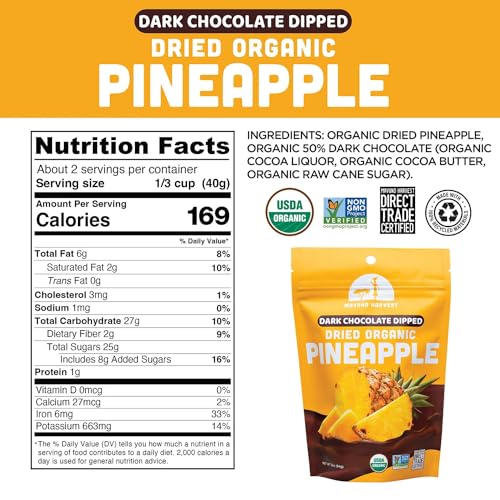 Mavuno Harvest Organic Chocolate Covered Pineapple - Organic Dried Pineapple Dipped in Dark Chocolate - Non GMO, Fair Trade & Vegan Chocolate Treat - Healthy Chocolate Snacks - 1lb Bag