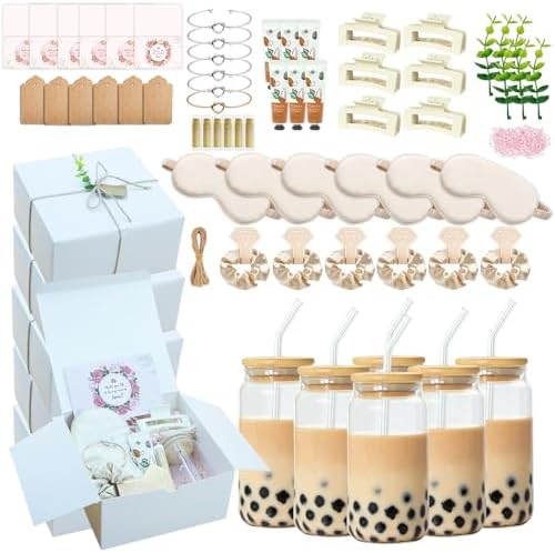 WhizToys 68 Pcs Bridesmaid Proposal Gifts,Maid of Honor Gift Box,Wedding Gift Set Include Invited Card Glass Cup Lip Balm Scrunchie Bracelet for Bridal Shower Bachelorette Party(Champagne)