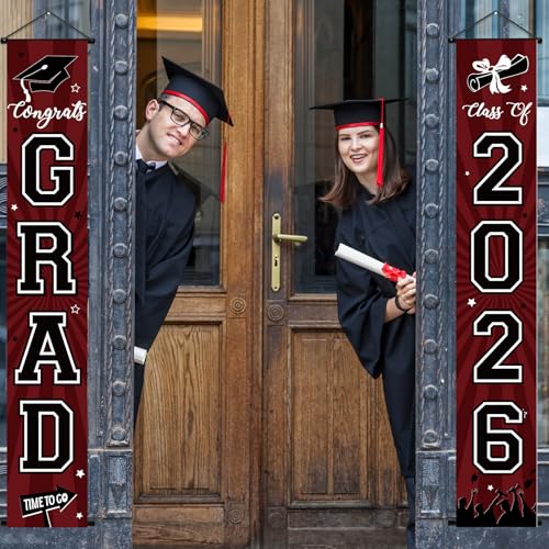 Image of Graduation Banner 2026 Graduation Decorations Maroon and Black Grad Banner Porch Sign Class of 2026 Door Decor Congrats Hanging Backdrop Maroon Grad Party Decor for School Congratulations Supplies