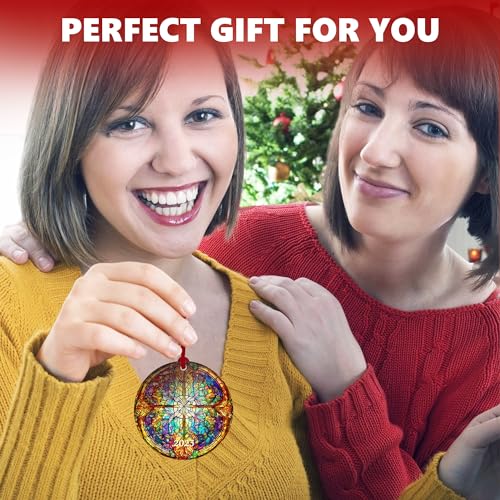 Stained Glass Depicting Christmas Tree Round Shapes Acrylic Ornament Art, Holiday Decoration, Car Interiors Decors, Christmas Decor for Holiday Party Decorations for Festival (Snow Flake) - Thumbnail 5