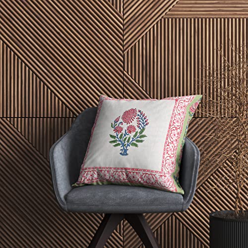 Image of BLOCKS OF INDIA Hand Block Printed Cotton Linen Cushion Cover (16 X 16 Inches) (Green Motifs), 250 TC