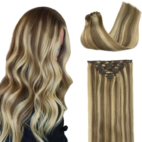 Image of GOO GOO Clip in Hair Extensions Real Human Hair, Remy Human Hair Extensions Clip ins for Women, Natural Human Hair, 20inch 120g 7Pcs, 8A /22 Medium Brown Highlighted Golden Blonde