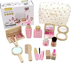 Conjunto de Maquiagem Infantil em Madeira, 17 Peças, Cosmético de Brinquedo com Estojo, Rosa e Natural, para Crianças Acima de 3 Anos, com Espelho e Pente