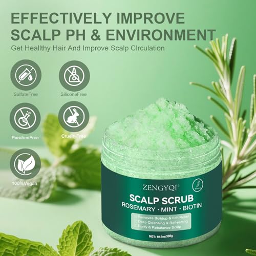 Scalp Scrub, Rosemary & Mint Oil & Biotin Scalp Exfoliator Scrub Shampoo with Silicone Cleansing Massager, Hair Treatment for Itchy Scalp, Dandruff & Buildup Removal & Thick and Strong Hair Growth - Image 5