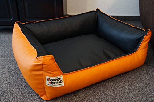 Hundebettenmanufaktur Hundebett Hundesofa Schlafplatz Kunstleder Similpelle Farbe und Größe wählbar von XS bis XXL (80 cm X 60 cm, orange schwarz)