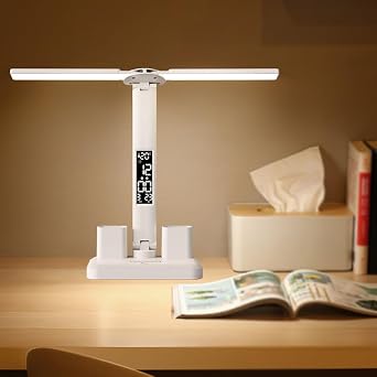 Desk Lamp LED USB Charging Touch Control Table Lamps 3 Colors 5 Brightness Eye-Caring Reading Light Bedside 3 in 1 LCD Calendar Temperature Alarm Led Lamp for Office Study Rechargeable 3600mA [Energy Class A]