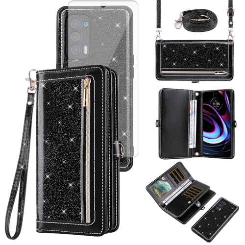 Asuwish Phone Case for Motorola Moto Edge 2021/MotoEdge 5G UW 2021 Zipper Wallet Detachable Cell Cover with Tempered Glass Screen Protector Strap Bling Glitter Flip Card Holder XT2141-1 Women Black