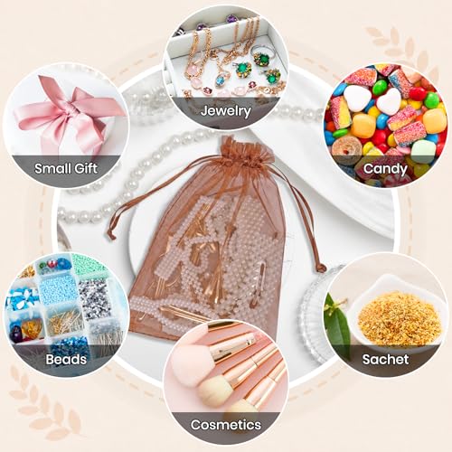 Image of ANZNKU 50 Pack Brown Organza Bags 5x7 In, Small Mesh Gift Bags Bulk with Drawstring for Jewelry Candy Sachet Soap, Goodie Pouches for Wedding Baby Bridal Shower & Birthday Party Favors
