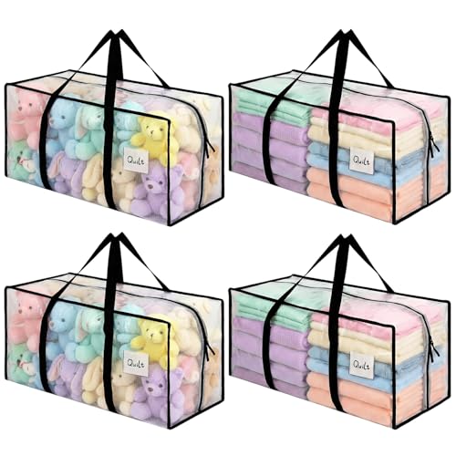 Dntorx 4 Stück 90L Aufbewahrungstasche, Heavy-Duty Weihnachtslager Transparente Umzugskartons Große mit Reißverschluss Griff Faltbar Weihnachtsbaum Tasche für Umzug Bettwäsche Kleidung Aufbewahrung