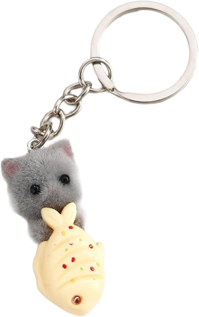 PURPLELILY Cute Flocking Cat Keychain 3D Cartoon Cat Fish Key