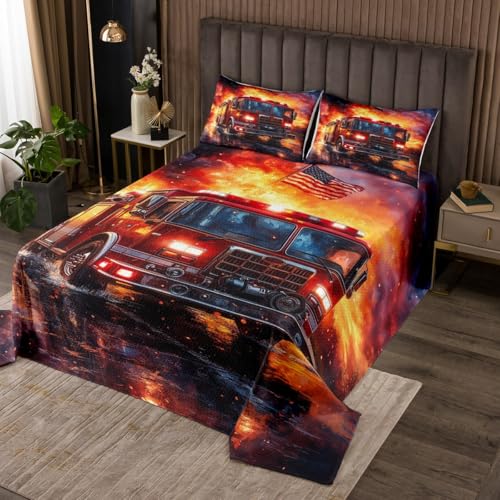 Homemissing Feuerwehr Tagesdecke 170x210cm Kinder Feuerwehr Auto Fahrzeug Bettüberwurf für Kinder Jungen Mädchen Feuerwehr Steppdecke Feuerwehr Wohndecke Bettüberwurf