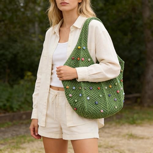 Image of Boho Crochet Beach Tote Shoulder Bag with Colored Beads | Colorful Aesthetic Hippie Knit Bag for Women