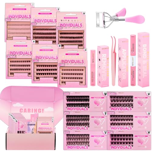 Lash Clusters Kit Lashes Clusters 12 Boxes Cluster Lashes Soft Eyelash Extensions Wispy Eyelash Cluster with Lash Bond and Seal Remover Tweezers Eyelash Curler(16 Counts Lash Kit)