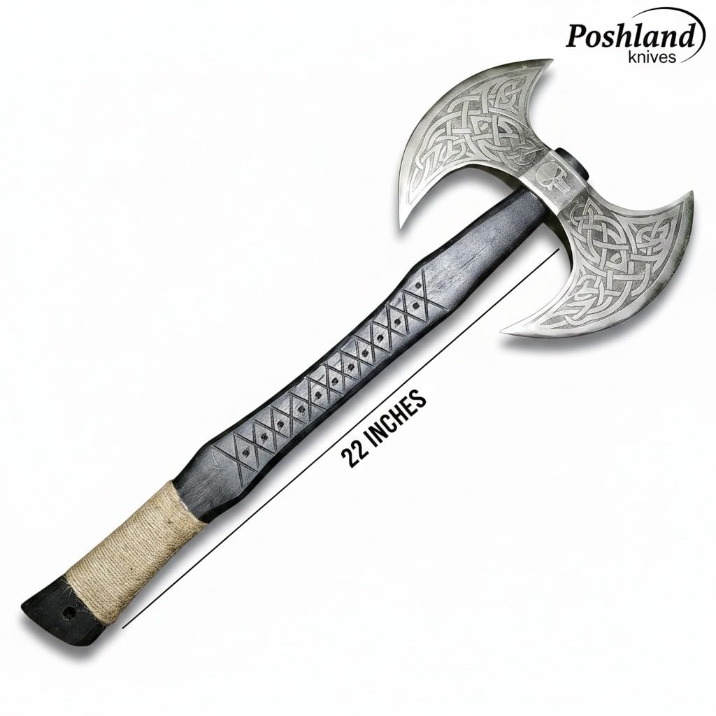 AX-7001 - Hacha vikinga de acero al carbono forjado con eje de madera de rosa, hacha de doble filo