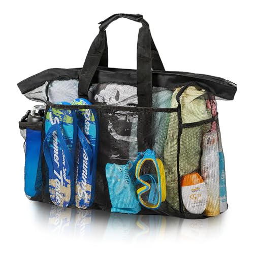 ZoneYan Saco de praia grande, extragrande, saco de praia, saco de praia, saco de armazenamento de malha, saco de praia grande, saco de praia dobrável, saco de praia dobrável, saco de praia, Preto-XXG