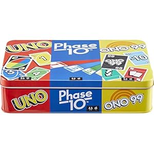Mattel Games Set of 3 Card Games with UNO, Phase 10 & ONO 99, Travel Games for Kids & Family Night with Storage Tin Box (Amazon Exclusive)