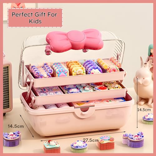 Image of KiZY Girl Kid Hair Accessories Storage Box | Hair Ties-Clips, Bow-Ribbon-Headband, Jewelry Organizer | Portable Case | Available in Multiple Design-Color. (Pack of - 2, Kid Pink)