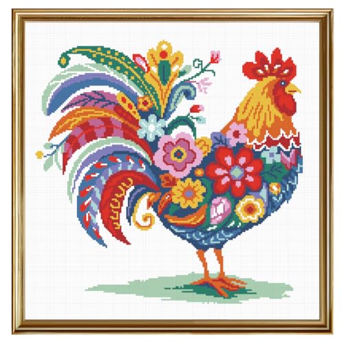Image of FREEBLOSS 11CT Stamped Cross Stitch Kit for Adults Beginners with Instructions Chicken and Flower Pattern Cross Stitch Kit Embroidery Wall Art Decoration No Frame 17x17in /45x45cm