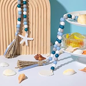 Janinka 2 Pcs Farmhouse Seashell Bead Garland with Tassels Decorative Beads Decor Nautical Farmhouse Tiered Tray Decorations Set Coastal Garland for Home and Kitchen Wooden Beads