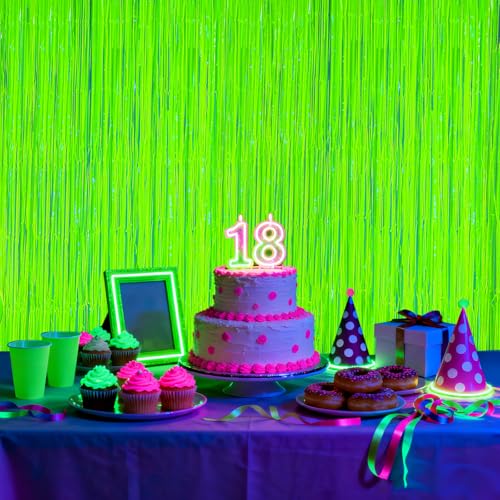Image of 2 Pack Glow in The Dark Party Streamers, Neon Party Decorations Fluorescent Macaron Yellow Tinsel Foil Fringe Curtains, Photo Booth Prop Backdrop Streamers, Birthday Halloween Party Decorations