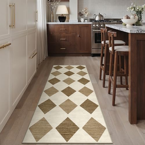PureCozy 2x8 Runner Checkered Rug for Hallways Brown Washable Long Carpet Non-Slip Low Pile Boho Indoor Accent Throw Rug for Entrance Kitchen Bedroom Dining Laundry 2' x 8' (Runner) Checkere