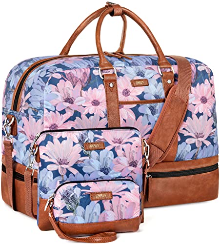 Image of Weekender Bag for Women, Large Overnight Bag Canvas Travel Duffel Bag Carry On Tote with Shoe Compartment 21 inch 3Pcs Set, A10-brown+blue flower, Large