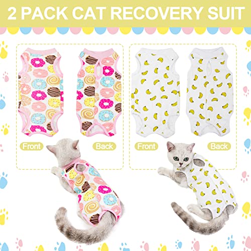Image of Cat Recovery Suit, 2 PCS Cat Surgical Recovery Suit Pet Cone E-Collar Alternative for Small Medium Pets, Banana and Donut, M