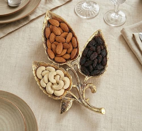 Image of Kridaykraft Metal Gold Polish Leaf-Shaped 3-Section Dry Fruit Tray, 17x17 cm, 250 gm, Decorative Serving Platter
