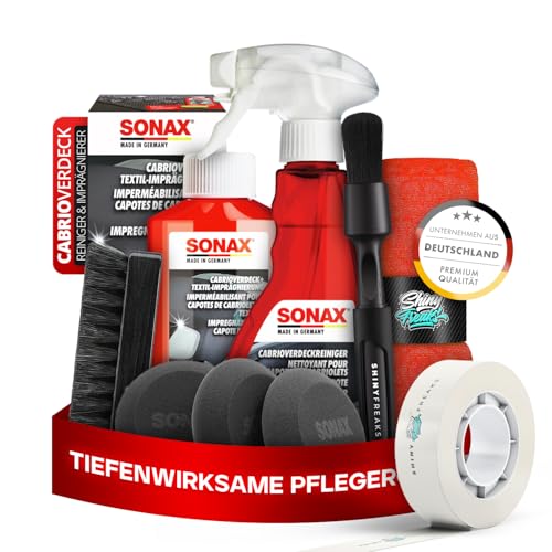 SONAX CabrioverdeckReiniger + Cabrioverdeck Textil-Imprägnierung I Premium Cabrio-Reinigungs-& Imprägnierspray für alle Verdeckarten I Für eine intensive Reinigung & schonende Pflege I 9-teiliges Set