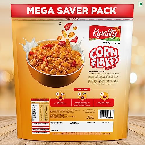 Image of Kwality Corn Flakes 1kg | Made with Golden Corns | 99% Fat Free, Natural Source of Vitamin & Iron | High in Protein & Fiber | Healthy Breakfast Cereal (Pack of 3)