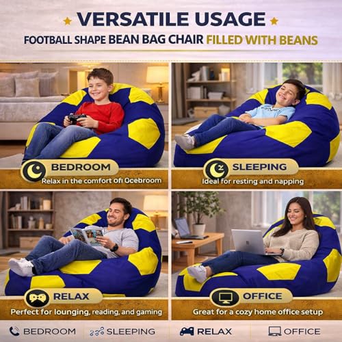 Image of RnS Rest 'n' Sleep - Bean Bag Football Chair Filled with Beans, with 1 Year Warranty (Yellow /Royal Blue, XXXL)