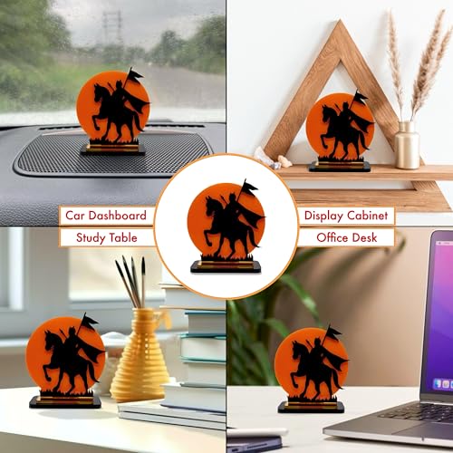 Image of Maharana Pratap Singh Acrylic Showpiece | Rajput Warrior Silhouette with Saffron Sun Background | Car, Home, Office & Gift Decoration, 4 Inch