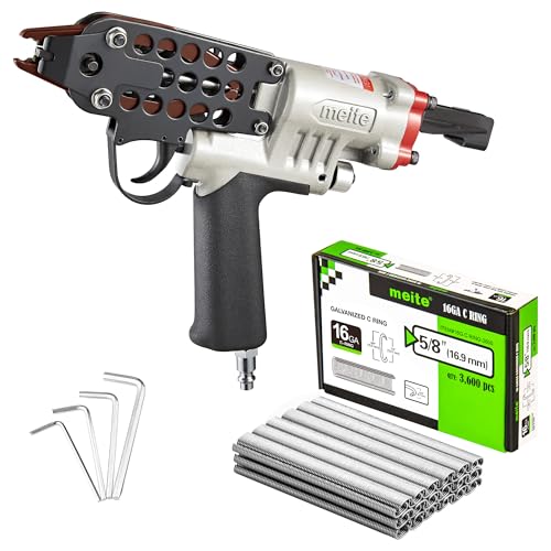meite SC760C-I2 Pneumatic Hog Ring Gun with 3600PCS 16GA Hog Rings 16 Gauge 1/2 Crown Hog Ring Pliers 2.6-3.6 mm Closure Upgrade Trigger Air C Ringer Pliers for Fencing Bag Closing