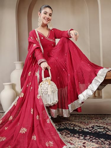 Image of Gulmohar Jaipur Women's Malmal Solid Angrakha Neck Anarkali Kurta Suit Set