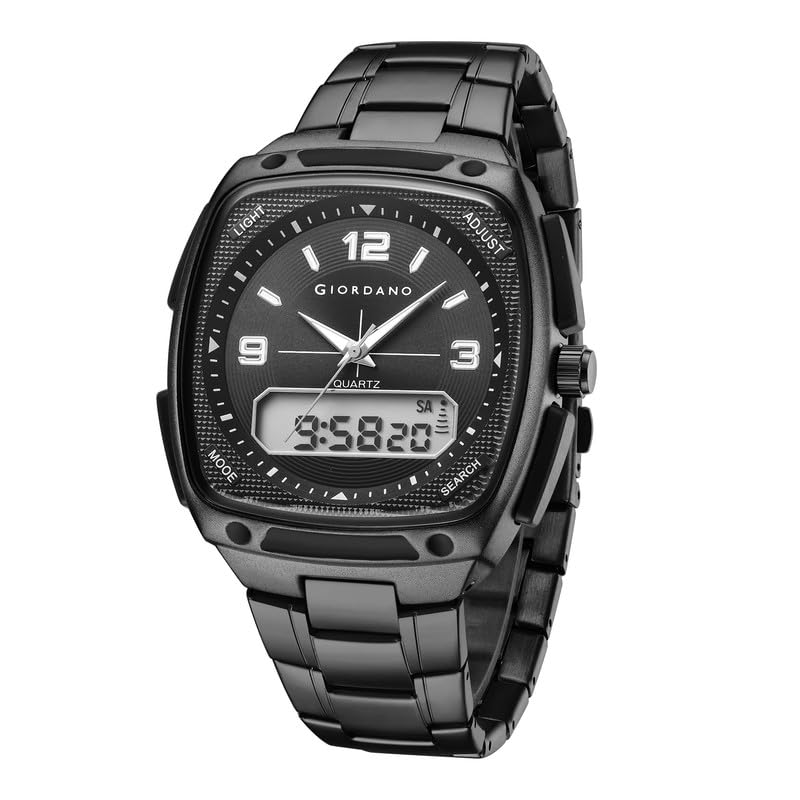 Analog-Digital Quartz Watch for Men with Texured Square Dial, Date and Day Function, Luminous Hands and Hour Markers, Stainless Steel Strap - GZ-50223