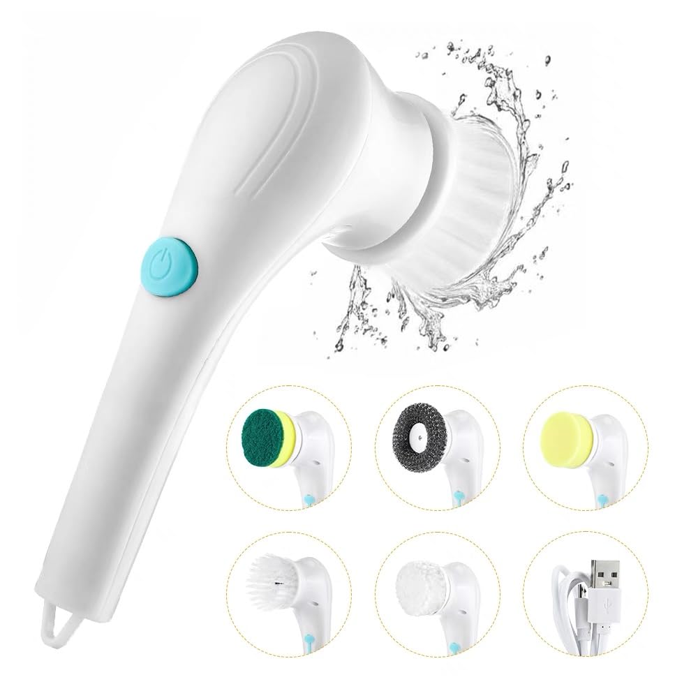 Electric Spin Scrubber, 5 Replaceable Brush Heads, Rechargeable Bathroom Scrubber Cleans Bathtub, Tile, Floor, Sink, Glass