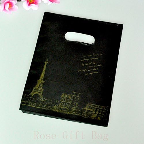 dalbags – Bags, Pack of Pack of 50 Plastic with Eiffel Tower Design Black and Gold Print with Handles Model Asola Format 30 x 40 cm