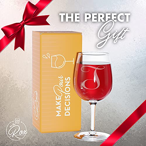 On The Rox Drinks Monogrammed Gifts For Women - A-Z Personalized Wine Glasses Engraved- 12.75 Oz (T) #TOP2