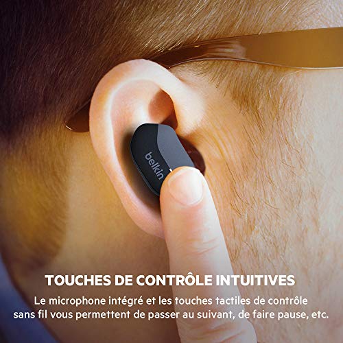 Belkin Écouteurs True Wireless SoundForm (écouteurs Bluetooth pour iPhone, Samsung, Google, contrôle tactile, étui de recharge, 24 heures d’écoute, isolation du bruit, résistants à l’eau, noir)
