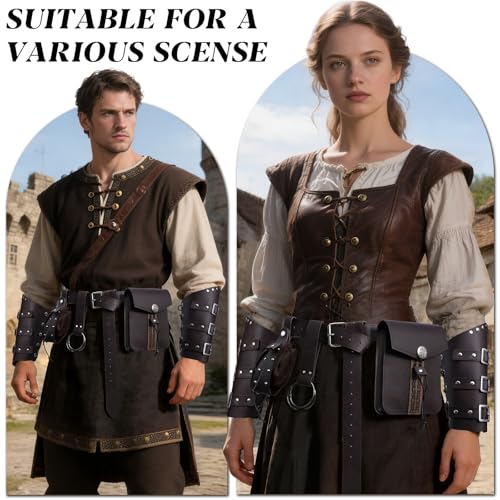 Image of Renaissance Pirate Belt Pouch with Coin Purse Skirt Hike Bracers | 6pack Medieval Viking Pirate Belt Pouch for Halloween Cosplay Ren Faire Accessories. Coffee brown.