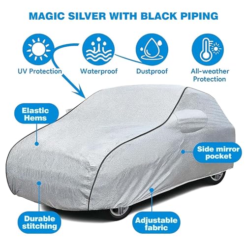 Image of Sulfar 100% Waterproof Car Body Cover Compatible with Mirror for Volkswagen Polo Equisite (Triple Stitched, Full Bottom Elastic, Magic Silver with Black Piping)