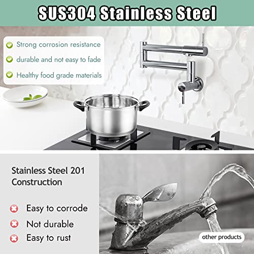 Heyalan Kitchen Restaurant Faucet Polished Chrome 19 Inch Wall Mounted Folding Stretchable Double Joint Swing Arm Single Hole Two Handles Commercial Npt Stainless Steel Pot Filler #TOP4