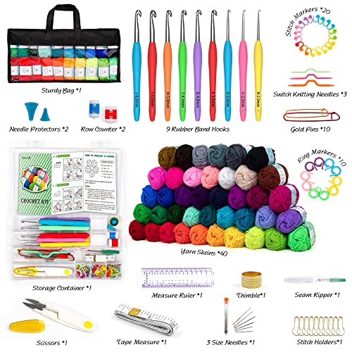 NALACAL 113 Piece Crochet Kit with Crochet Hooks Yarn Set –1600 Yards Assorted Yarn Crochet Accessories Set, Ergonomic Hooks, Knitting Needles & More Ideal Beginner Kit