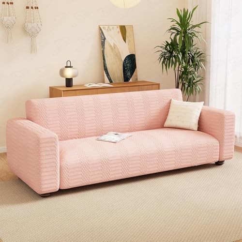 Image of Lukzer 4 Seater Pastel Pink Dotted Stripe Pattern Sofa Cover | 240 GSM Universal Stretch Fit Jacquard Fabric Couch Protector | Fully Covered Anti Slip & Washable Sofa Cover (SC-068-04 /230-300cm)