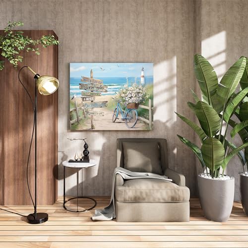 Beach Canvas Wall Art Bathroom Ocean Picture Seaside Bike With Fence Canvas Print Seascape Painting Teal Aqua Blue Calm Coastal Artwork Modern Coastal Theme Home Bedroom Decor Hanging 12x16 Inch - Image 4