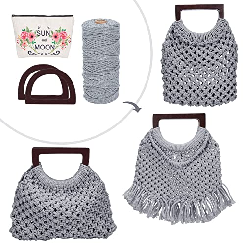 WEBEEDY Bolsa de macramê kit DIY para adultos, kit de macramê para iniciantes, bolsa de macramê, kit DIY para mulheres, bolsa de macramê com alça de madeira, projeto de passatempos para iniciantes,